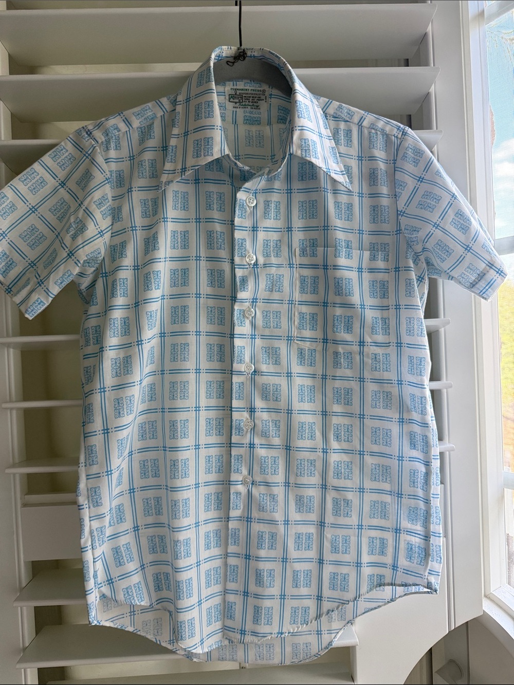 Vintage Light Blue Grid Short-Sleeve Button-Down Shirt